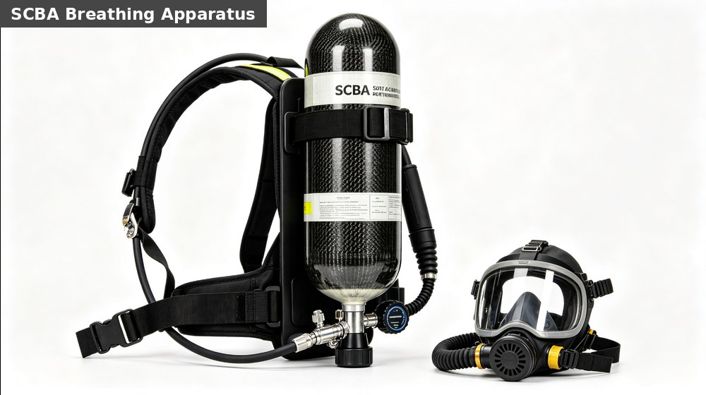SCBA breathing apparatus with cylinder and full-face mask for oxygen-deficient industrial environments