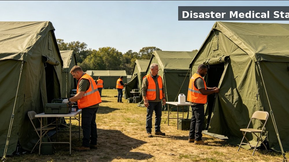 Hospital field medical supply image showing disaster medical station scene for temporary clinics, disaster response and institutional procurement