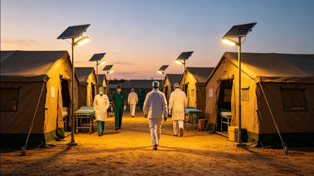 Hospital field medical supply image showing night field hospital solar light for temporary clinics, disaster response and institutional procuremen