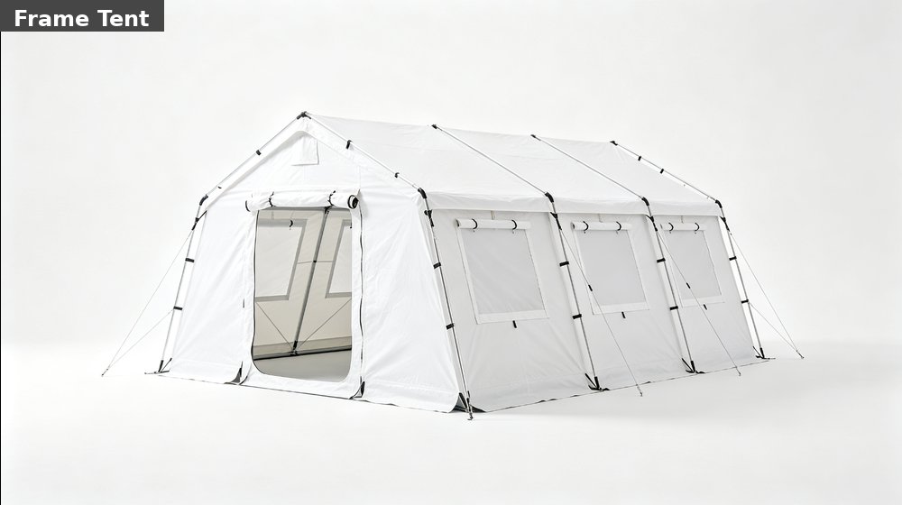 Hospital field medical supply image showing white emergency frame tent white background for temporary clinics, disaster response and institutional
