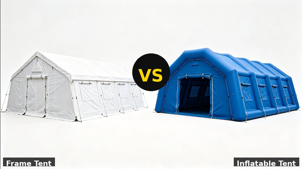 Hospital field medical supply image showing frame vs inflatable tent comparison for temporary clinics, disaster response and institutional procuremen