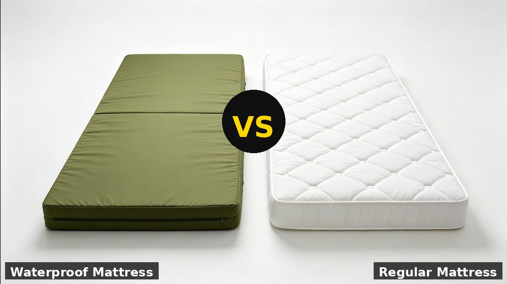 Hospital field medical supply image showing waterproof vs regular mattress comparison for temporary clinics, disaster response and institutional procuremen