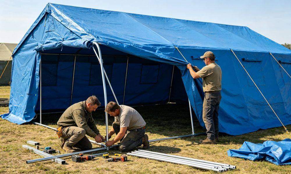 Installation process of large emergency frame tent showing workers assembling steel frame structure