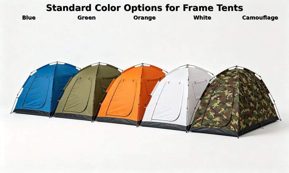 Five large emergency frame tents in different colors: blue, green, orange, white, camouflage pattern