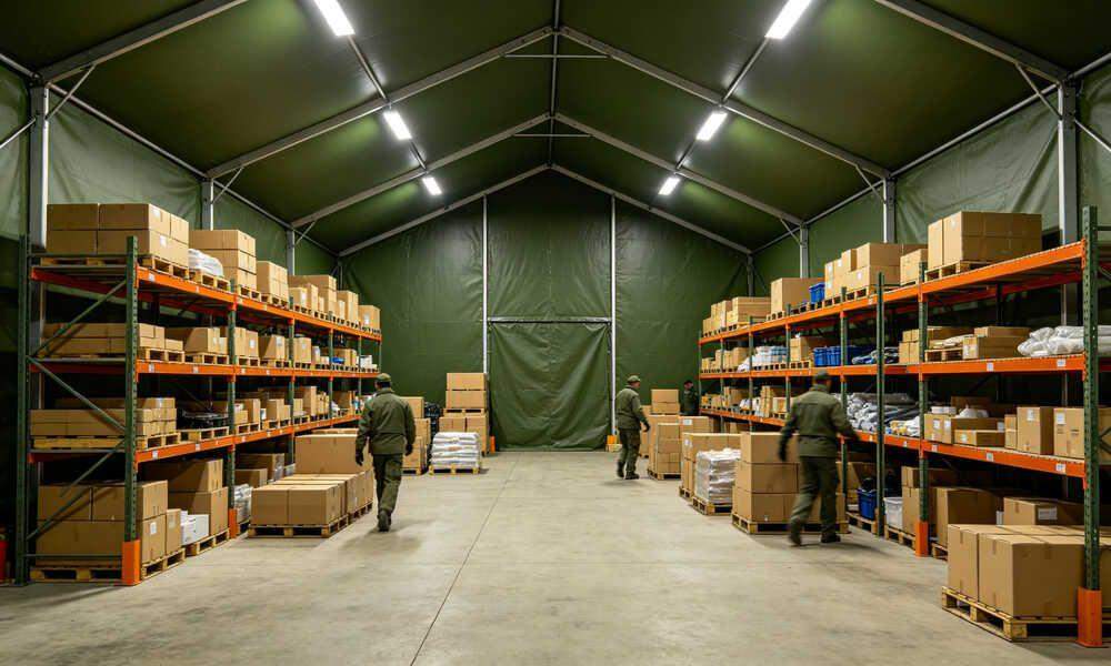 Outdoor waterproof testing of emergency frame tent with high-pressure water hose spraying water on fabric