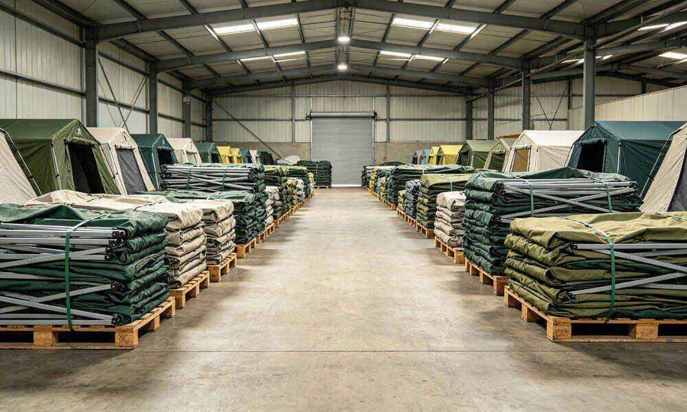 Neatly folded emergency frame tents stored on pallets in dry well-ventilated warehouse facility