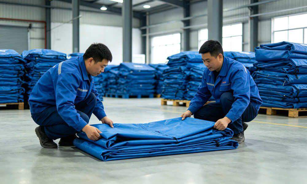 Workers carefully folding clean dry emergency frame tent on white surface for proper storage procedure