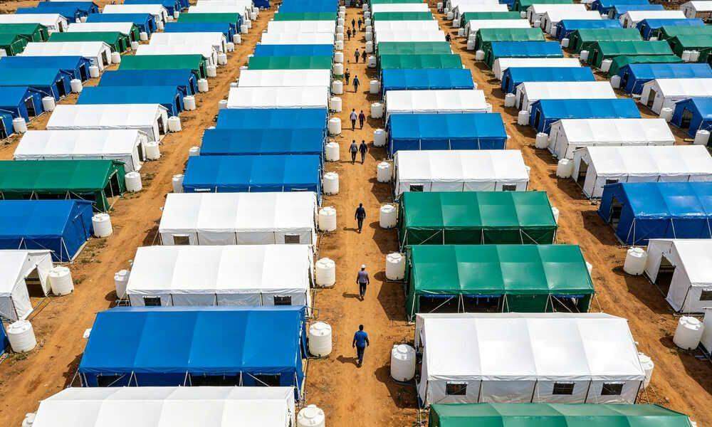 Aerial view of large disaster relief camp with rows of emergency frame tents and organized facilities