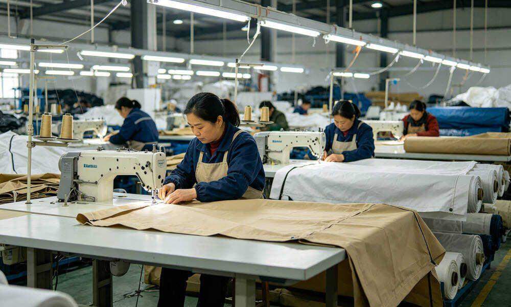 Emergency tent manufacturing factory production line with workers cutting and sewing large fabric panels