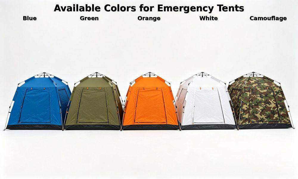 Five emergency frame tents in different colors arranged in row: blue, green, orange, white, camouflage