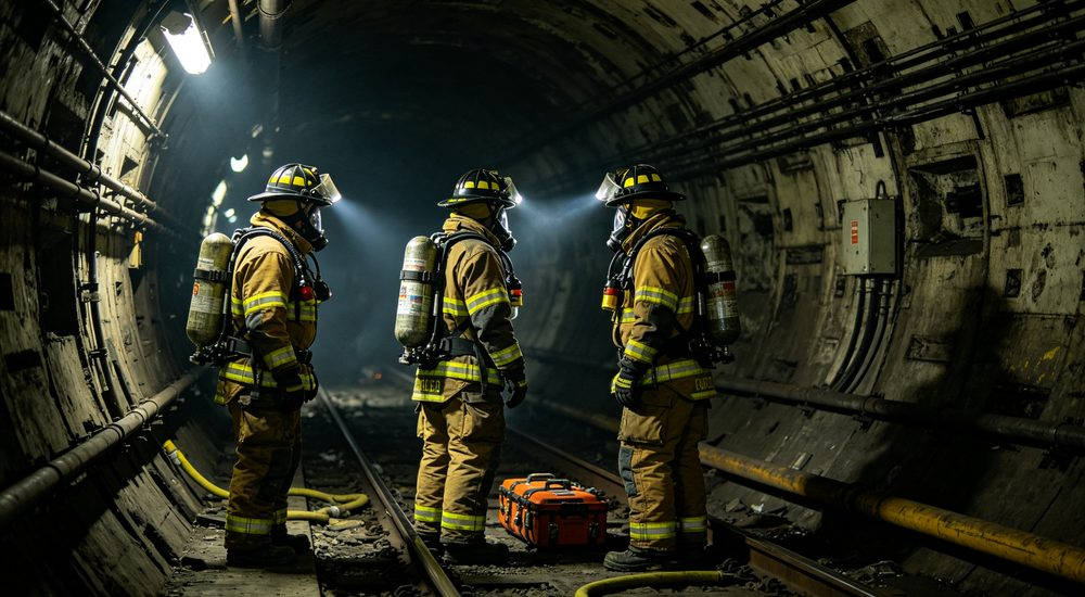 Subway tunnel rescue operation with firefighters in structural turnout suits, emergency response protective clothing