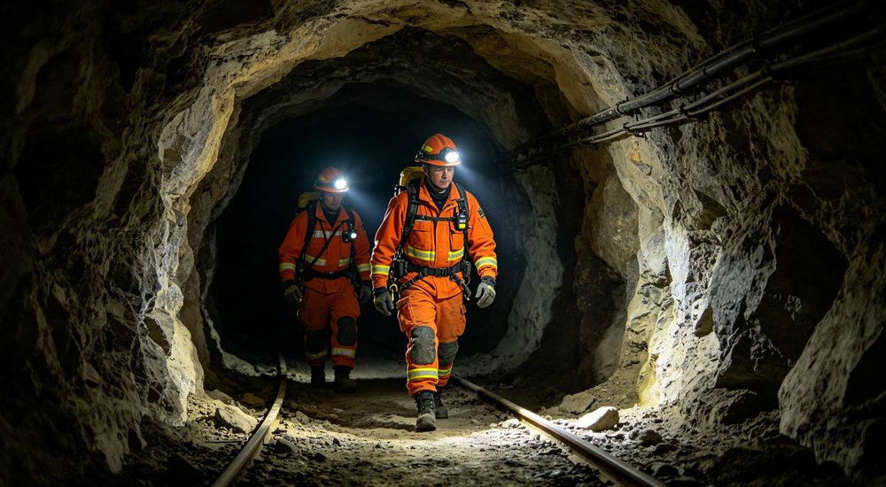 Mining rescue team in orange wildland fire suits entering mine tunnel with headlamps, underground rescue gear Mining rescue team in orange wildland fire suits entering mine tunnel with headlamps, underground rescue gear