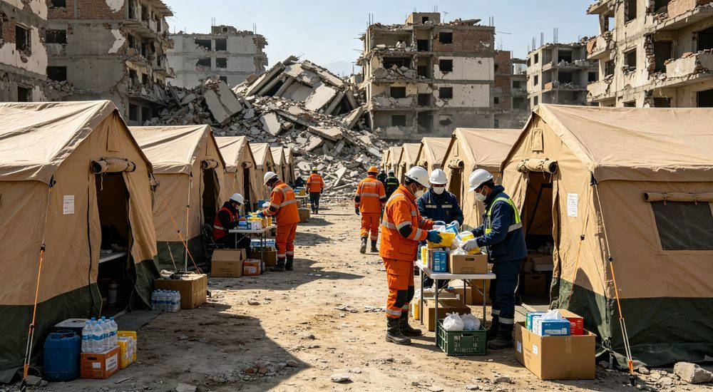 Earthquake disaster relief camp with emergency tents and rescue workers, protective clothing supply