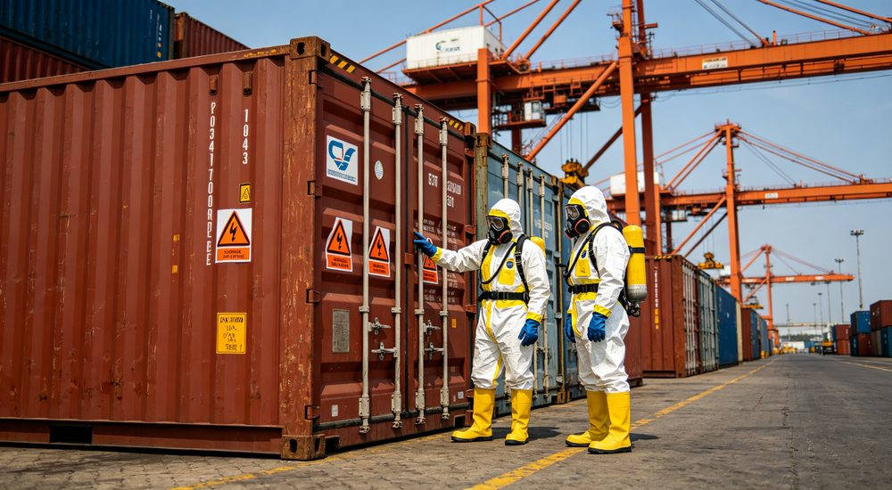 Port hazardous materials handling workers in chemical protective suits inspecting shipping containers, logistics PPE Port hazardous materials handling workers in chemical protective suits inspecting shipping containers, logistics PPE