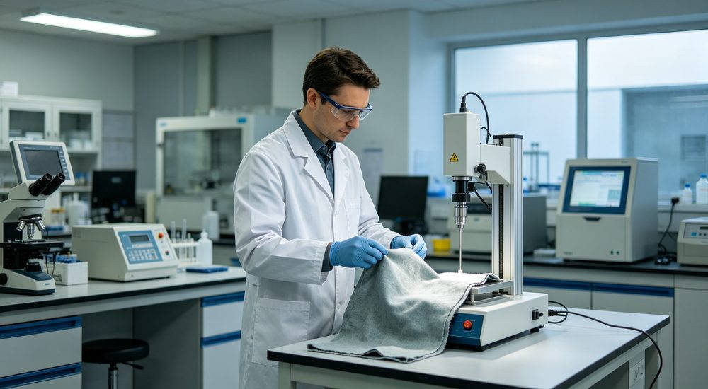 Laboratory technician testing protective clothing fabric samples, quality verification for PPE