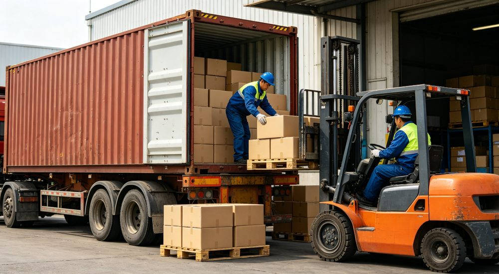 Container loading of bulk protective clothing order with forklift, shipping and logistics Container loading of bulk protective clothing order with forklift, shipping and logistics