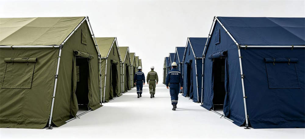 Emergency relief tent camp with multiple frame shelters arranged in rows