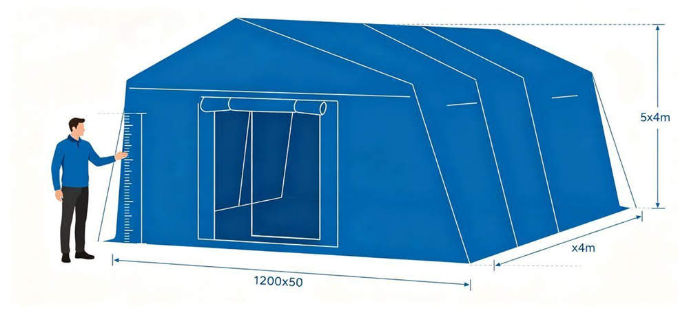 Frame tent dimension diagram showing length width height measurements