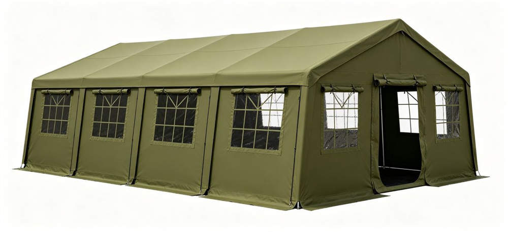 Pole relief tent front view with center pole and guy lines