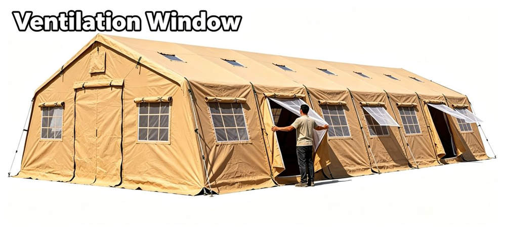 Relief tent in hot environment with ventilation windows and mesh