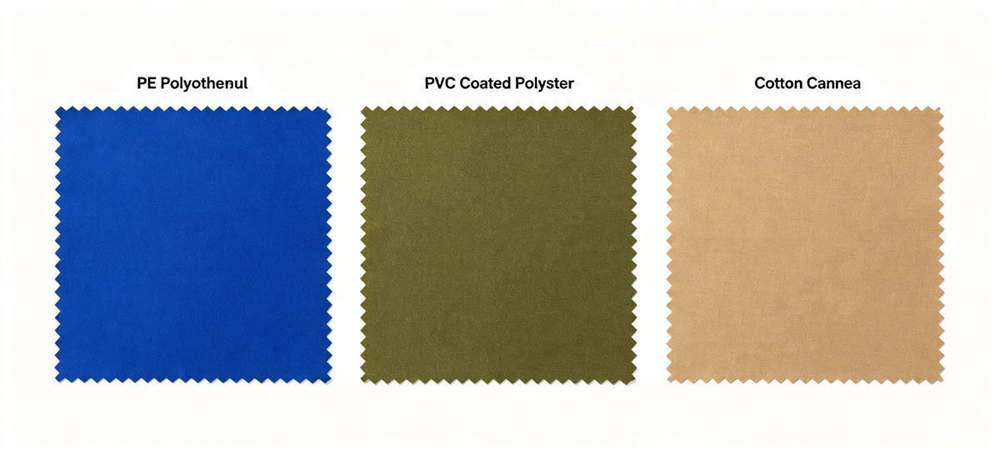 Three tent fabric samples comparison PE PVC and cotton canvas Three tent fabric samples comparison PE PVC and cotton canvas