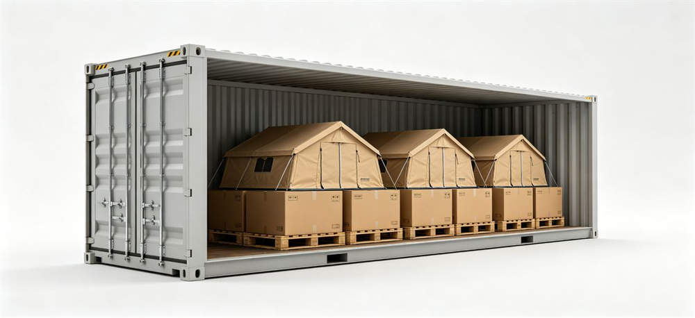 Shipping container loaded with cardboard cartons for tent logistics