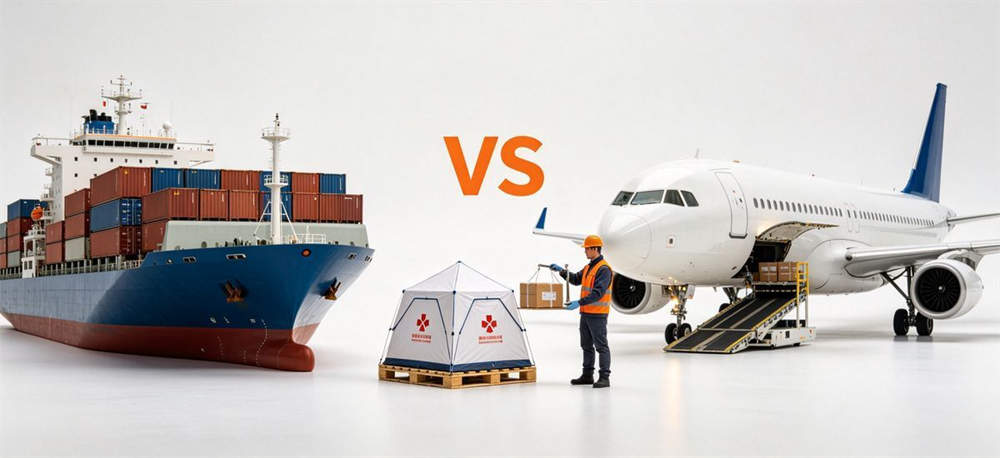 Shipping time comparison cargo ship and airplane with tent packages