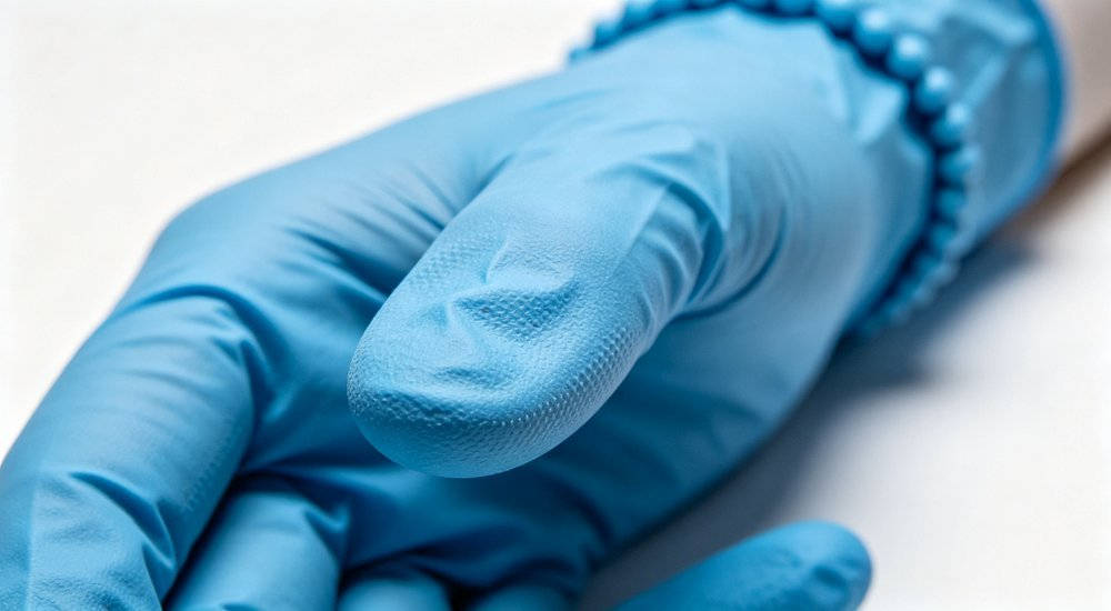 Medical glove fingertip texture detail showing visible product details for bulk protective equipment evaluation