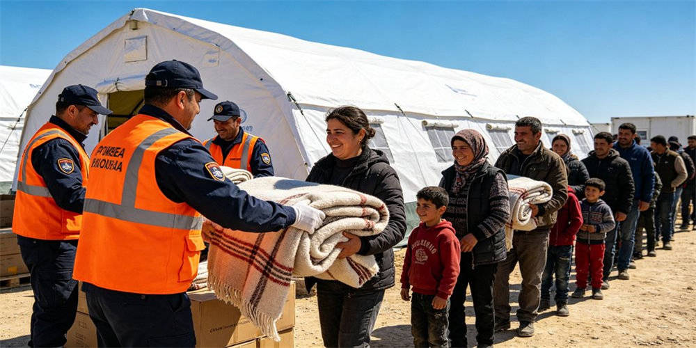 Emergency relief distribution scene with rescue workers handing thermal blankets to disaster victims