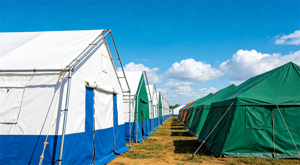 multi color large frame tents set up at emergency relief camp site
