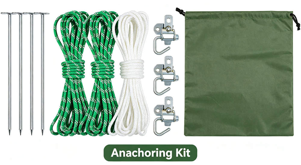 tent anchoring kit with steel stakes guy ropes tensioners sandbags