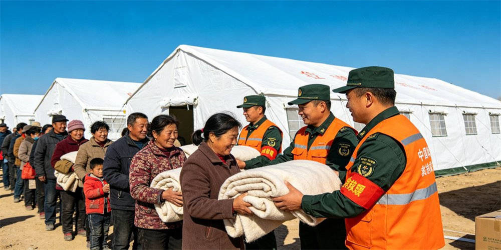 Humanitarian aid distribution of emergency blankets to families in refugee camp