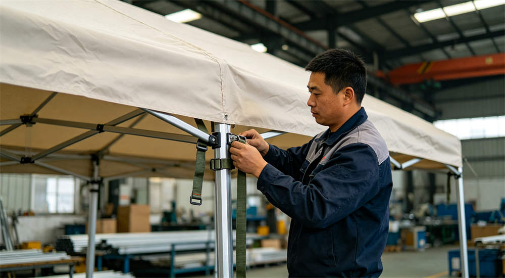 factory worker attaching tent cover to aluminum frame securing straps