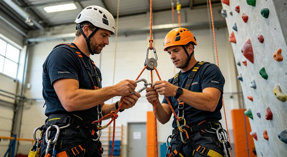 Rescue team demonstrating rope hardware usage and setup at training facility Rescue team demonstrating rope hardware usage and setup at training facility