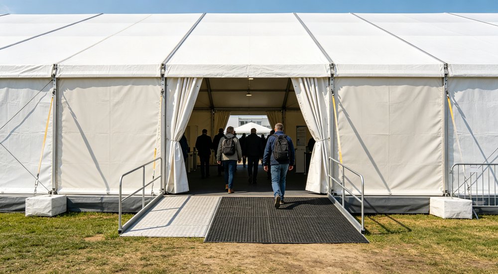Frame tent entrance buffer zone with ramp