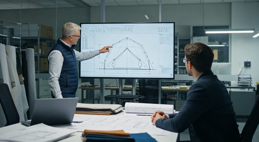Technical support reviewing frame tent layout drawings