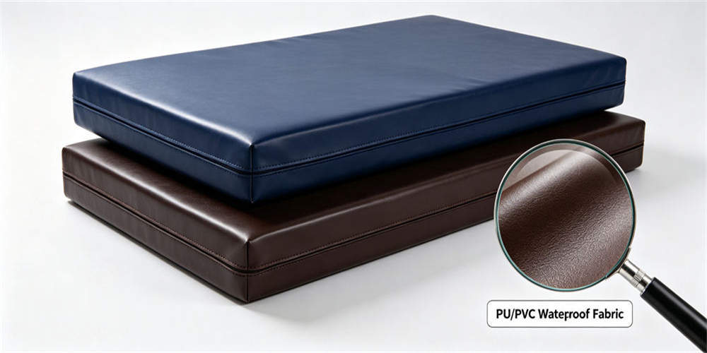 Water-resistant mattress covers shown on finished foam pads with a magnified view of the smooth surface.