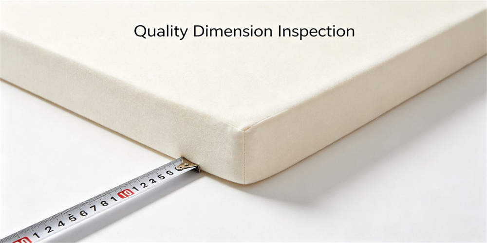 Finished foam mattress corner being measured during a visible dimension quality-control check during quality inspection.