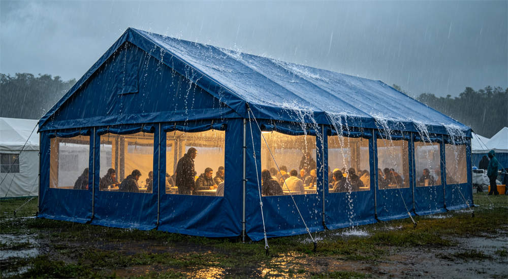 Outdoor relief frame tent in blue rainy scene showing wind and rain resistance test with water droplets on tent fabric under stormy weather
