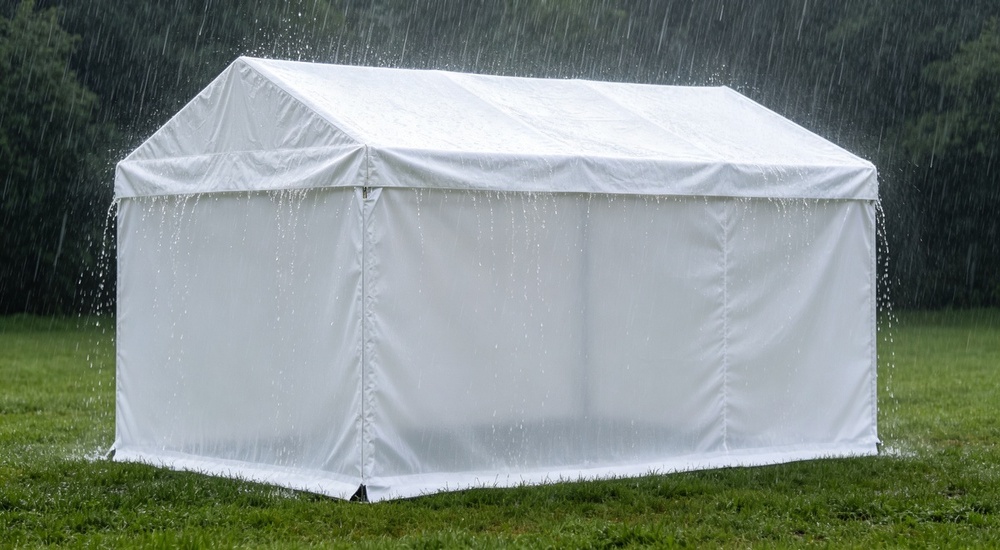 Outdoor action shot of blue relief frame tent with waterproof tarpaulin fabric during heavy rain, water droplets beading on PVC coated surface and rain runoff flowing down sloped roof demonstrating waterproof performance
