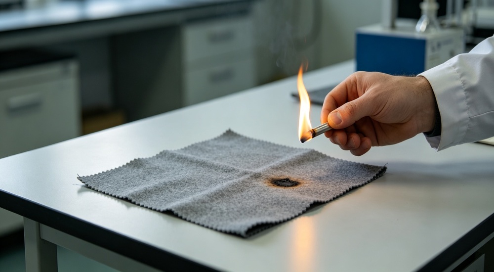 Laboratory safety test image demonstrating flame retardant property of blue tent tarpaulin material, controlled flame contact test showing self-extinguishing fabric behavior meeting emergency shelter fire safety standards