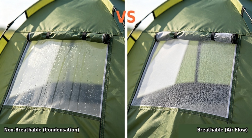 Material performance comparison displaying breathable tent fabric versus non-breathable PVC coated tarpaulin, moisture vapor transmission difference visible showing condensation control and indoor air quality impact