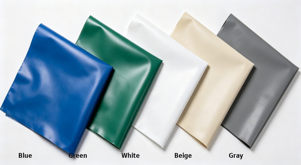 Color selection chart displaying available tent tarpaulin fabric colors including blue green beige white grey navy and olive, fabric swatch samples showing standard and custom color options for relief tent bulk orders