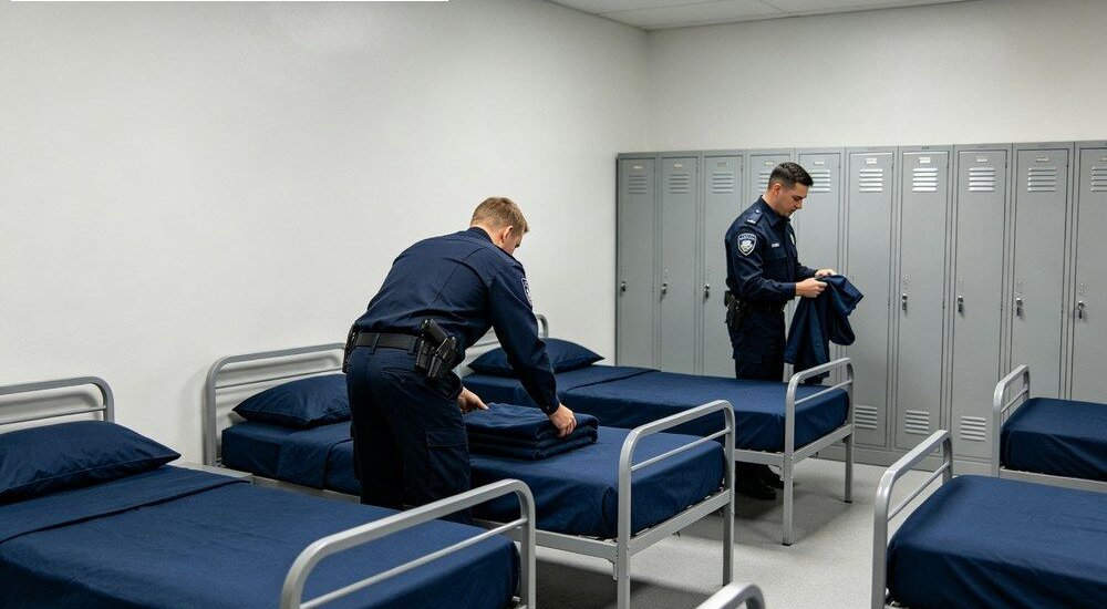 Police dormitory room with gray institutional bedding on bunk beds
