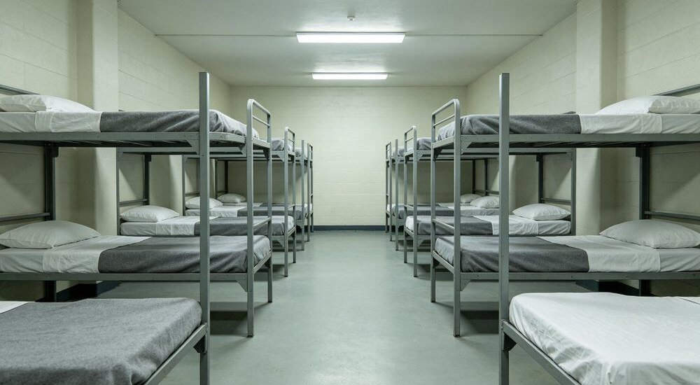 Correctional facility dormitory with gray institutional bedding on beds