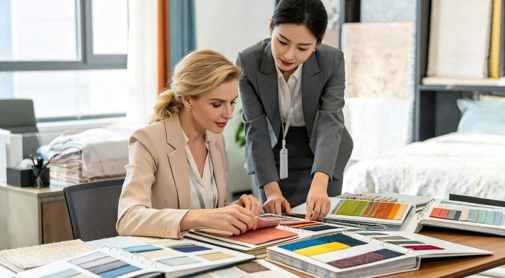 Customer examining bedding fabric samples in wholesale consultation office