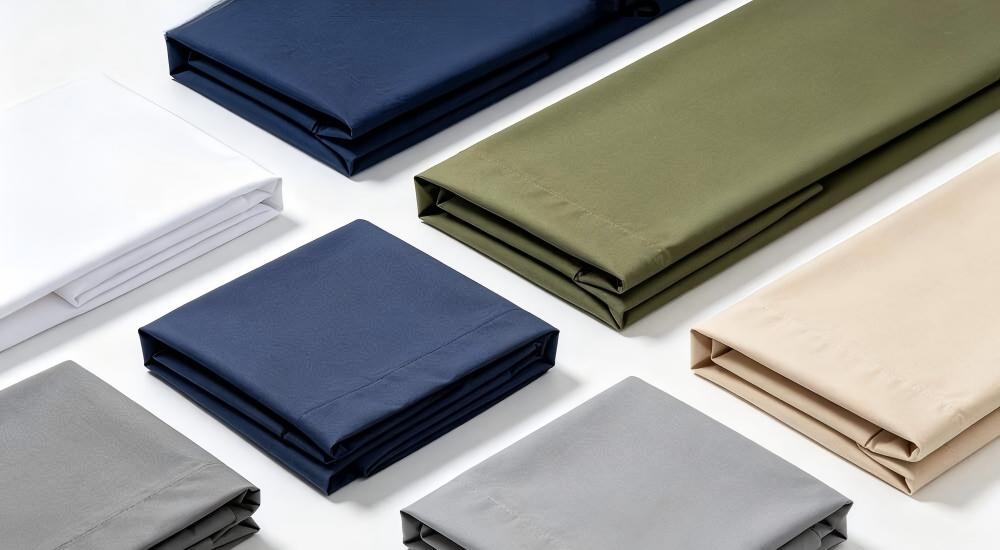 Stacked multicolor institutional bedding sets showing available colors