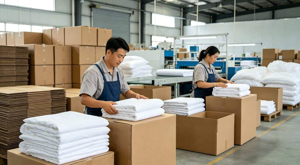 Factory workers packing institutional bedding sets into export cartons