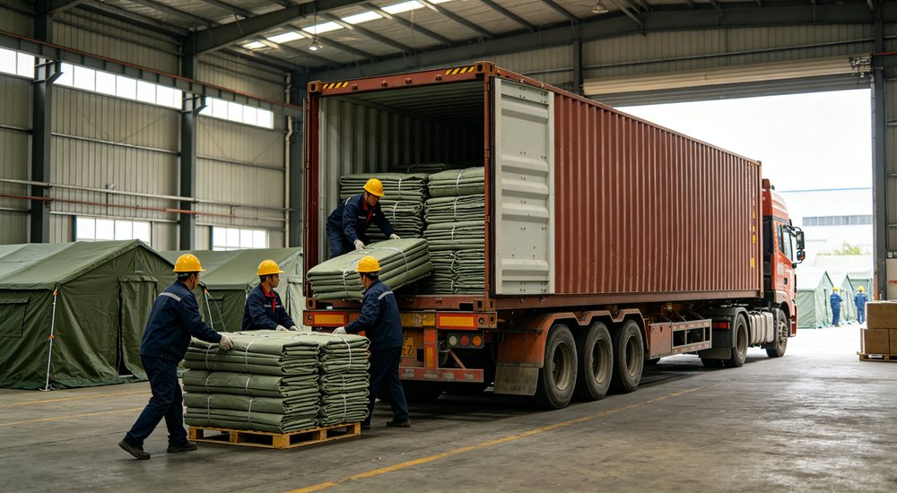 Warehouse logistics photograph of green relief tent packages being loaded into shipping container by forklift, export packing and container loading process visible showing international shipment preparation for disaster relief supply