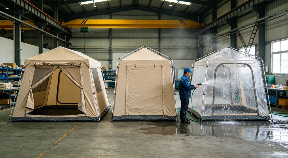 Factory quality control photograph of inspector examining beige relief tent tarpaulin sample for defects, detailed QC inspection and material verification visible showing production quality standards for emergency shelter manufacturing
